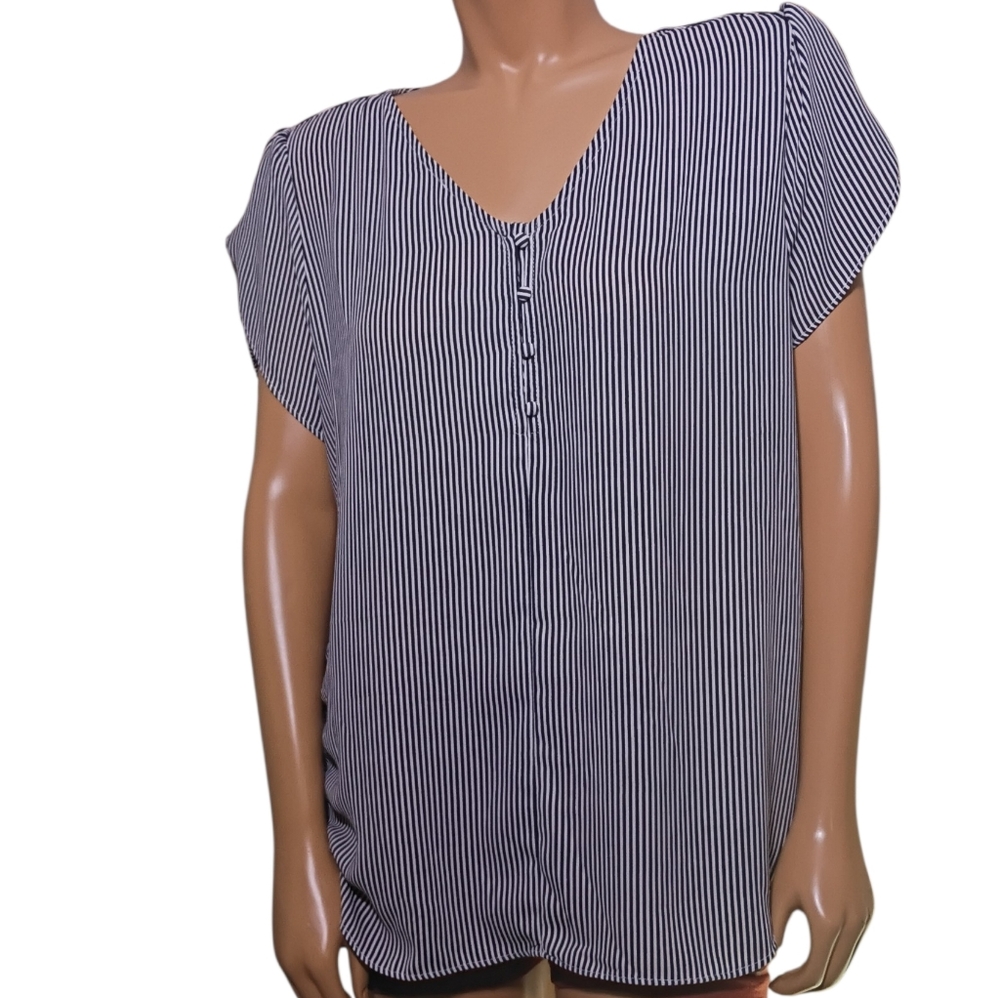 Philosophy Navy and White Vertical Stripe V-Neck Blouse XL